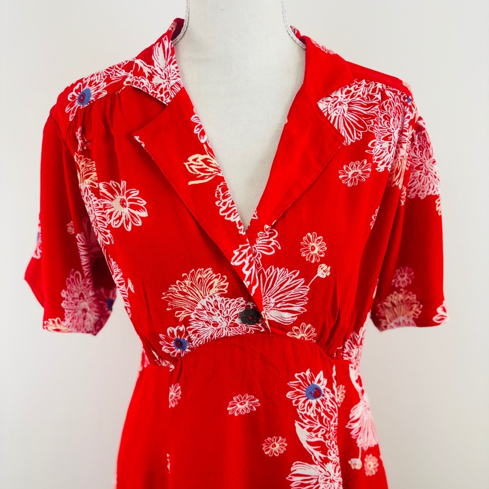 Free People Blue Hawaii Red Floral Print Mini Dress Bohemian Side Pockets Small - Picture 3 of 11